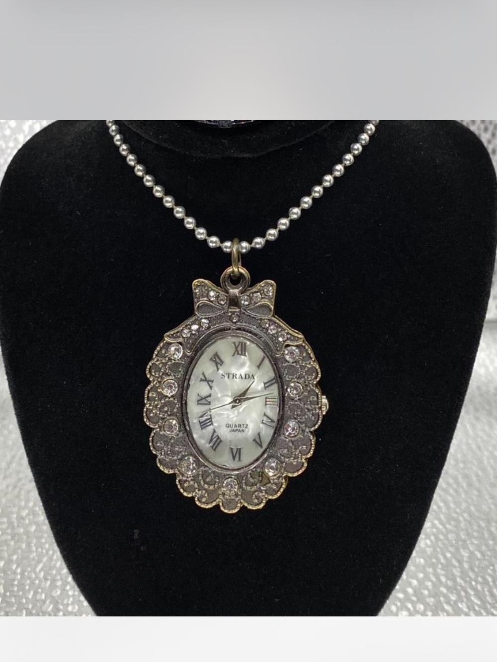 *** Strada ^^^ Gold-Tone *** Iced Rhinestone Bow Pendant Watch Necklace ***
